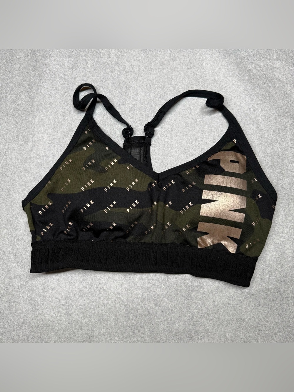 PINK Victoria's Secret Olive & Black Camo Logo Sports Bra
